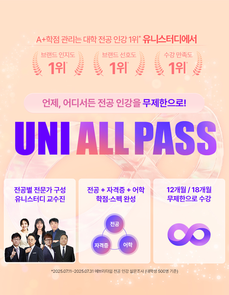 A+학점 관리는 대학 전공 인강 1위* 유니스터디에서